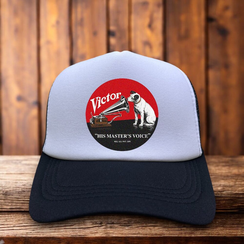 RCA Victor Dog His Master's Voice Mens Trucker Hat Black Snapback Defunct Record